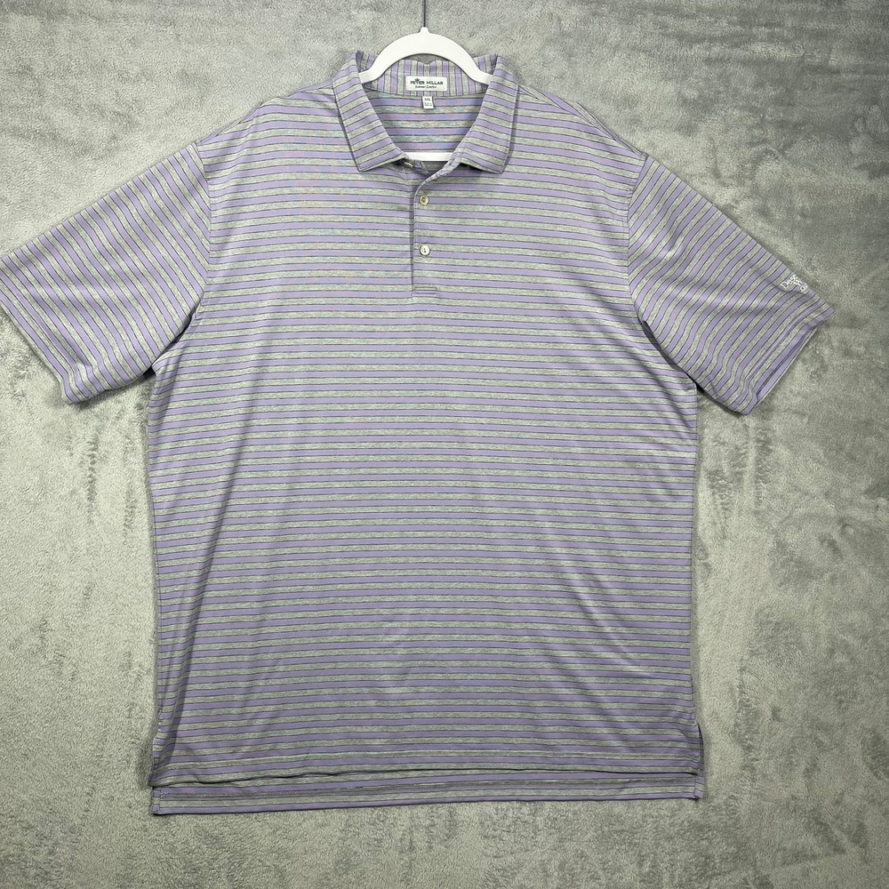 Peter Millar Polo Shirt Mens XXL Purple Gray Striped Summer Comfort Golf